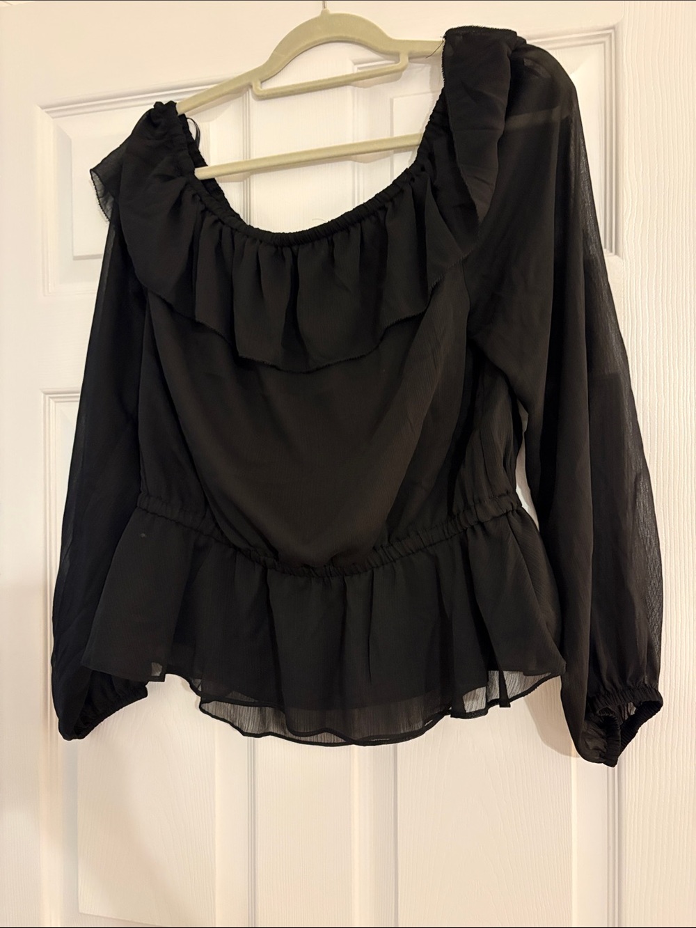 Women's Black Ruffle Neck Peasant Blouse